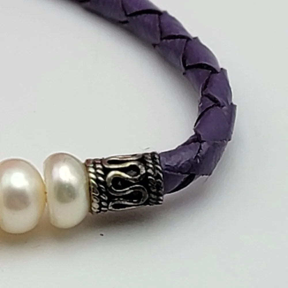 Sterling Silver Cream Natural Pearl Braided Cord Bracelet 6.5